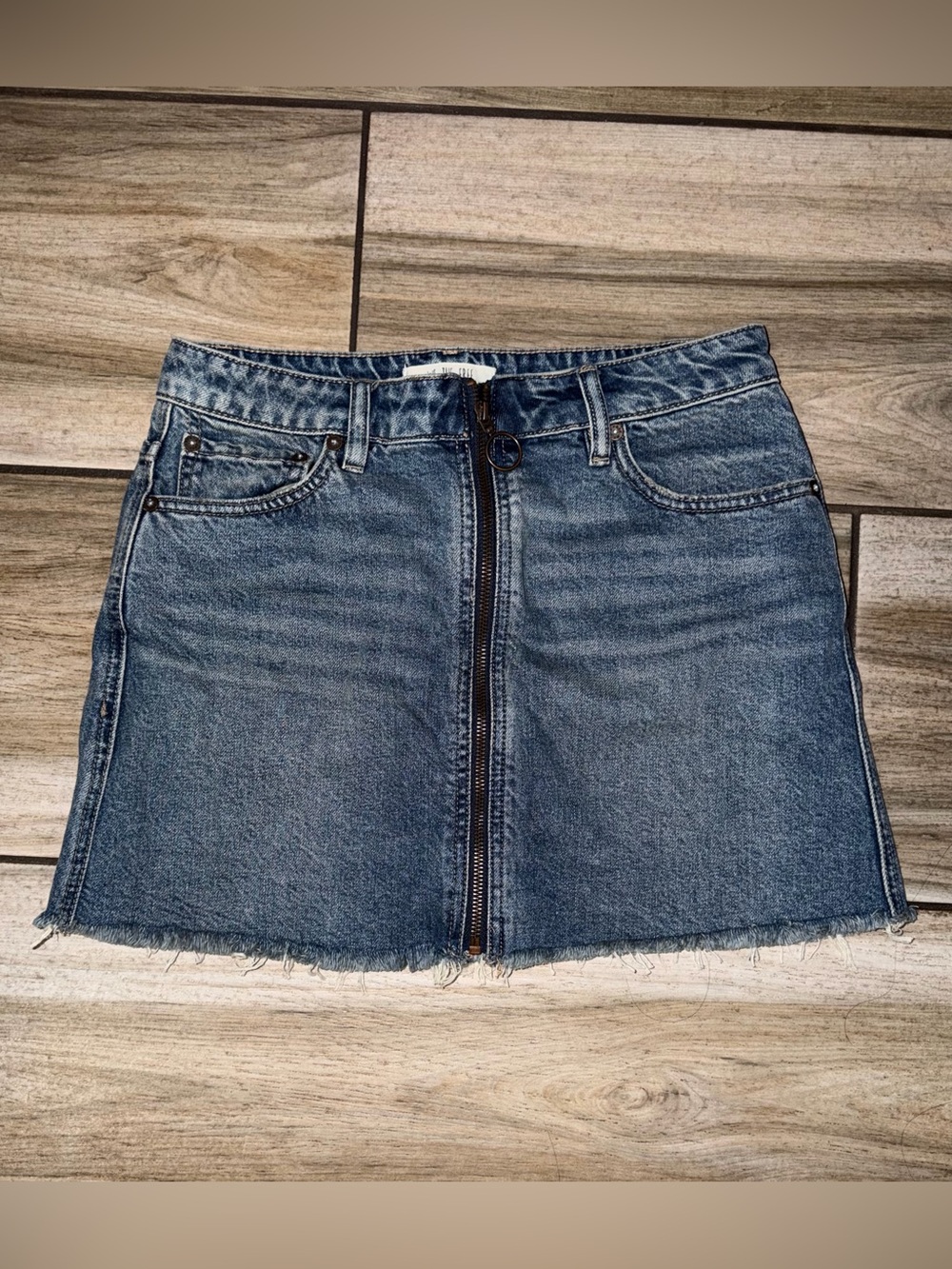 We The Free Blue Denim Zip-Front Mini Skirt